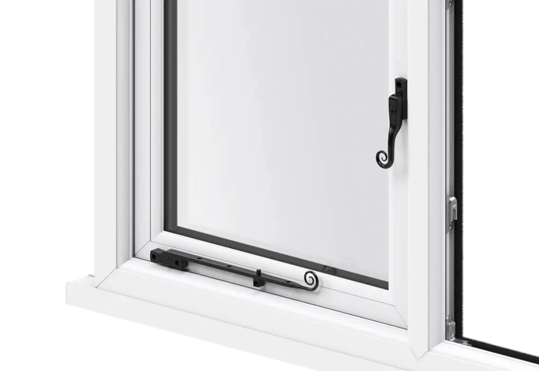 white flush window with black monkeytail handles