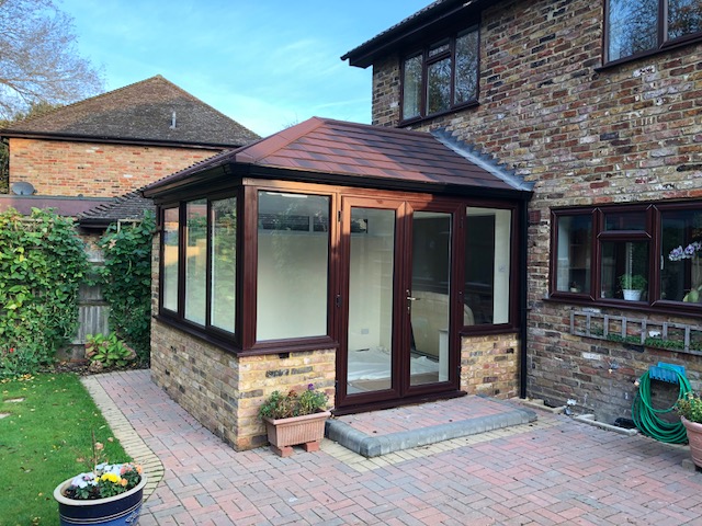 edwardian woodgrain guardia solid roof with burnt umber tiles