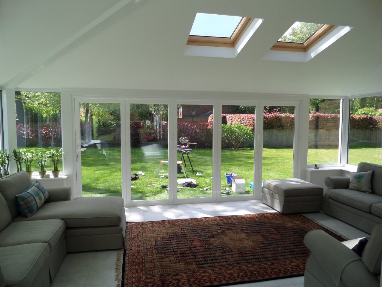 internal view guardian solid roof with velux windows and bifolding doors