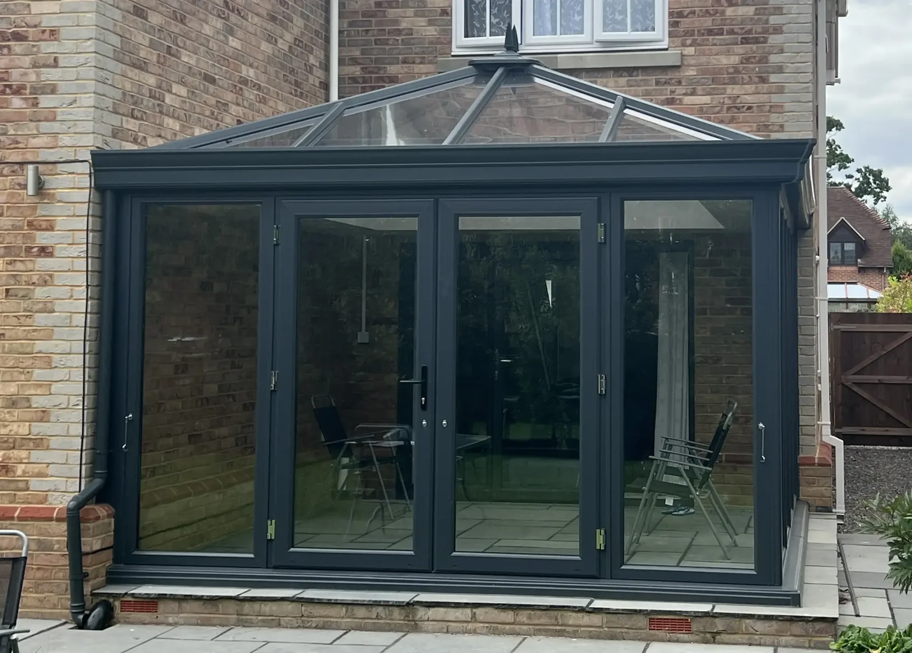 edwardian conservatory with anthracite grey french doors